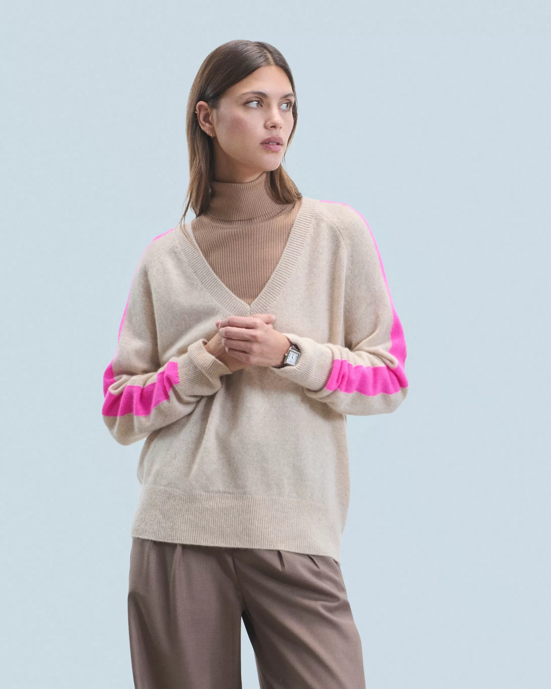 Maglione Scollo a V Oversize Bande bicolori Leggero | FROM FUTURE Hot