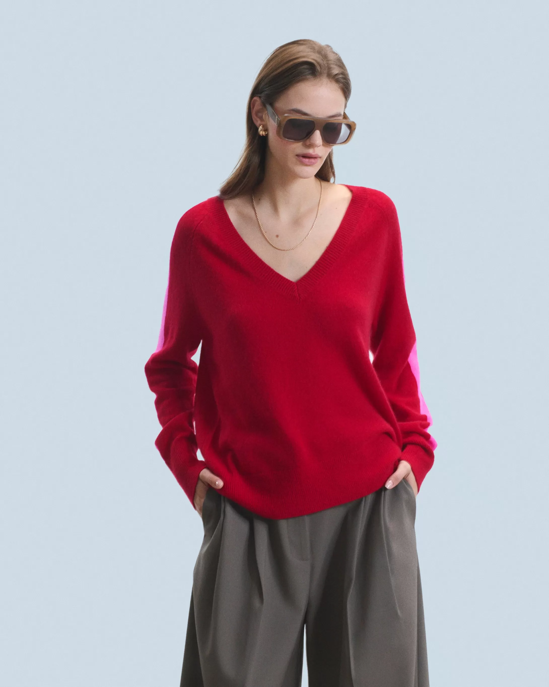 Maglione Scollo a V Oversize Bande bicolori Leggero | FROM FUTURE Best Sale